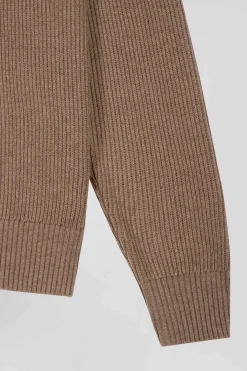 Pull col cheminée en laine et coton marron coupe Regular