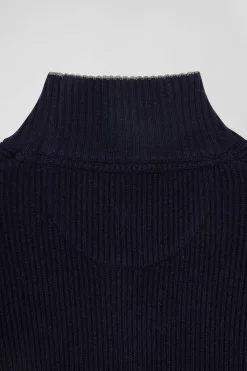 Pull col cheminée en laine et coton bleu marine coupe Regular
