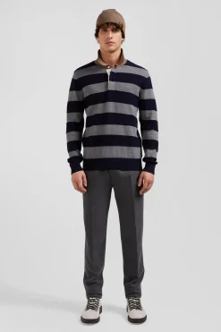 Pull col maillot cerclé en coton et cachemire bleu marine coupe Regular