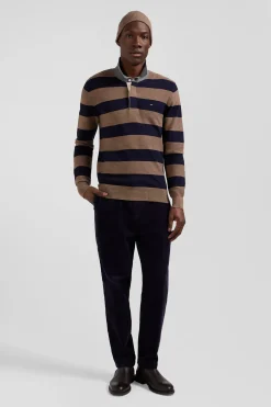 Pull col maillot cerclé en coton et cachemire marron coupe Regular