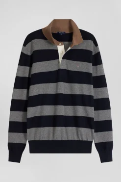 Pull col maillot cerclé en coton et cachemire bleu marine coupe Regular