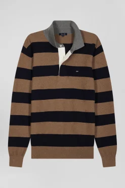 Pull col maillot cerclé en coton et cachemire marron coupe Regular