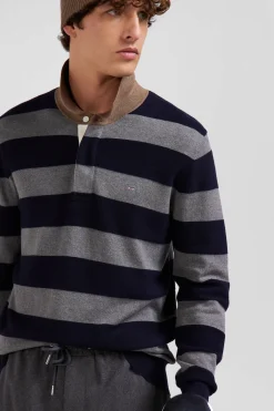 Pull col maillot cerclé en coton et cachemire bleu marine coupe Regular