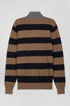 Pull col maillot cerclé en coton et cachemire marron coupe Regular