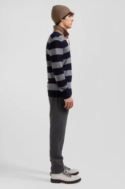 Pull col maillot cerclé en coton et cachemire bleu marine coupe Regular