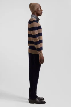 Pull col maillot cerclé en coton et cachemire marron coupe Regular