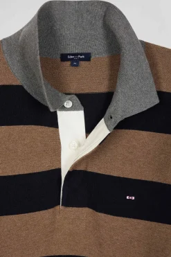Pull col maillot cerclé en coton et cachemire marron coupe Regular
