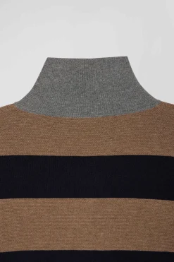 Pull col maillot cerclé en coton et cachemire marron coupe Regular