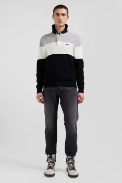 Pull col maillot en coton gris à jeux de maille coupe Regular