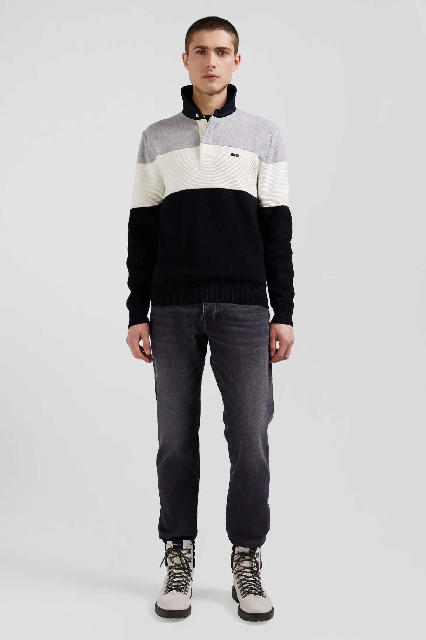 Pull col maillot en coton gris à jeux de maille coupe Regular
