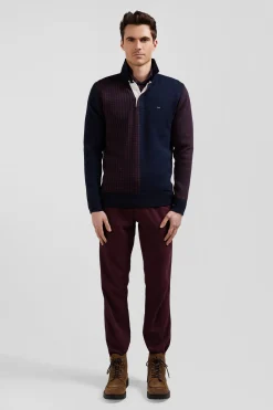 Pull col maillot en coton bordeaux coupe Regular jacquard pied-de-poule