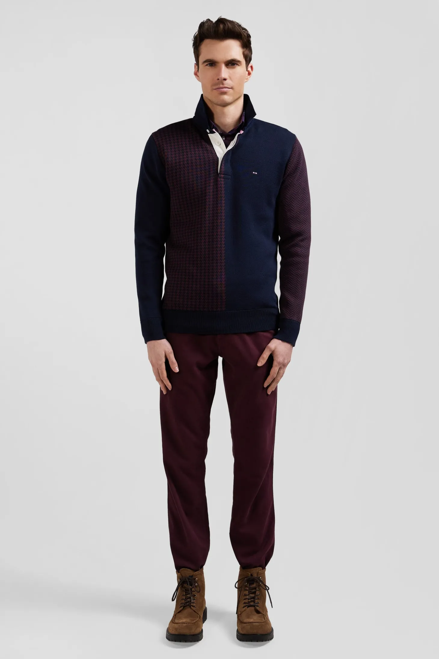 Pull col maillot en coton bordeaux coupe Regular jacquard pied-de-poule