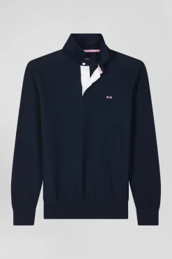 Pull col maillot en coton bleu marine coupe Regular broderie 10