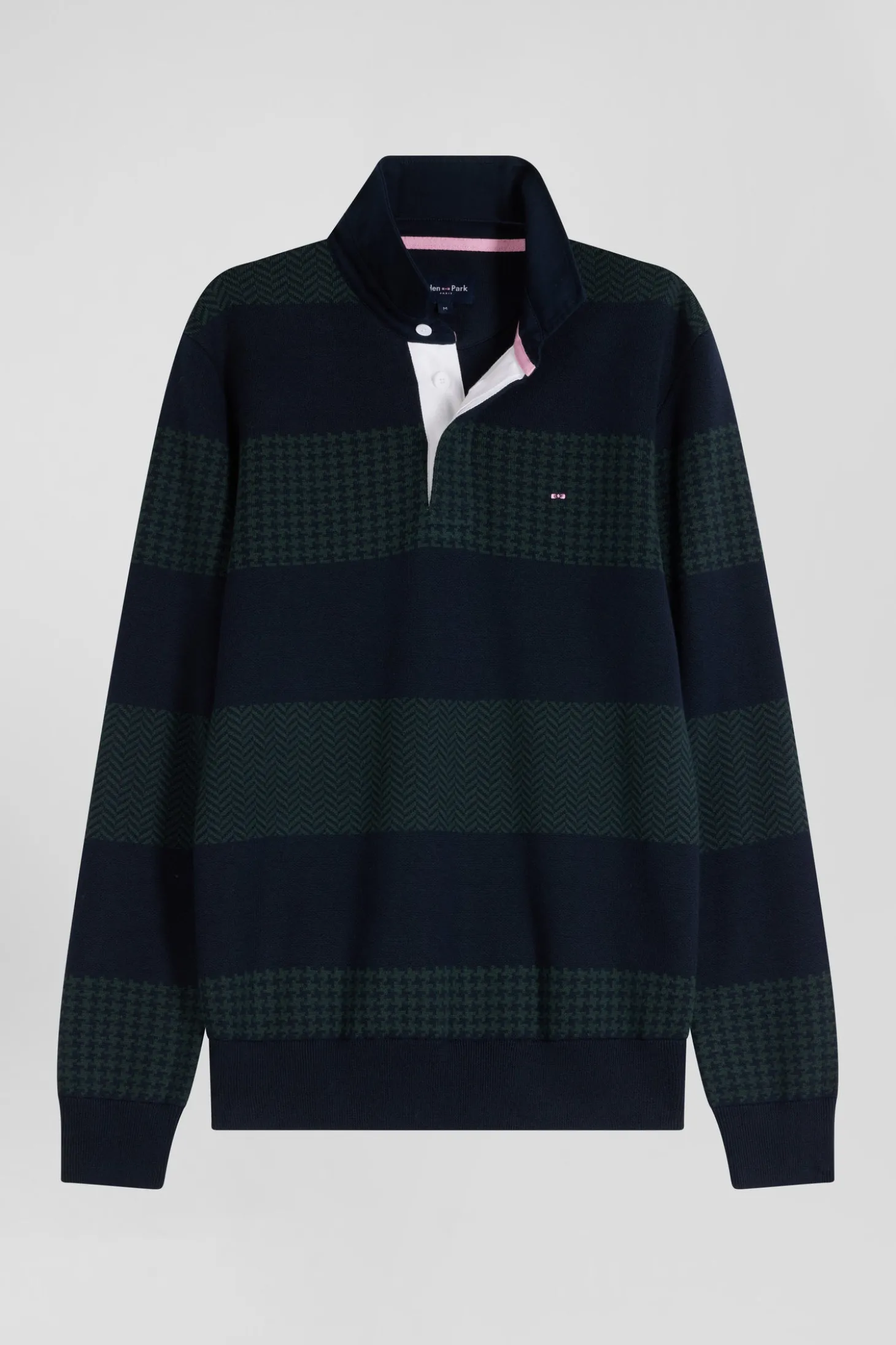 Pull col maillot en coton vert cerclé coupe Regular jacquard pied-de-poule