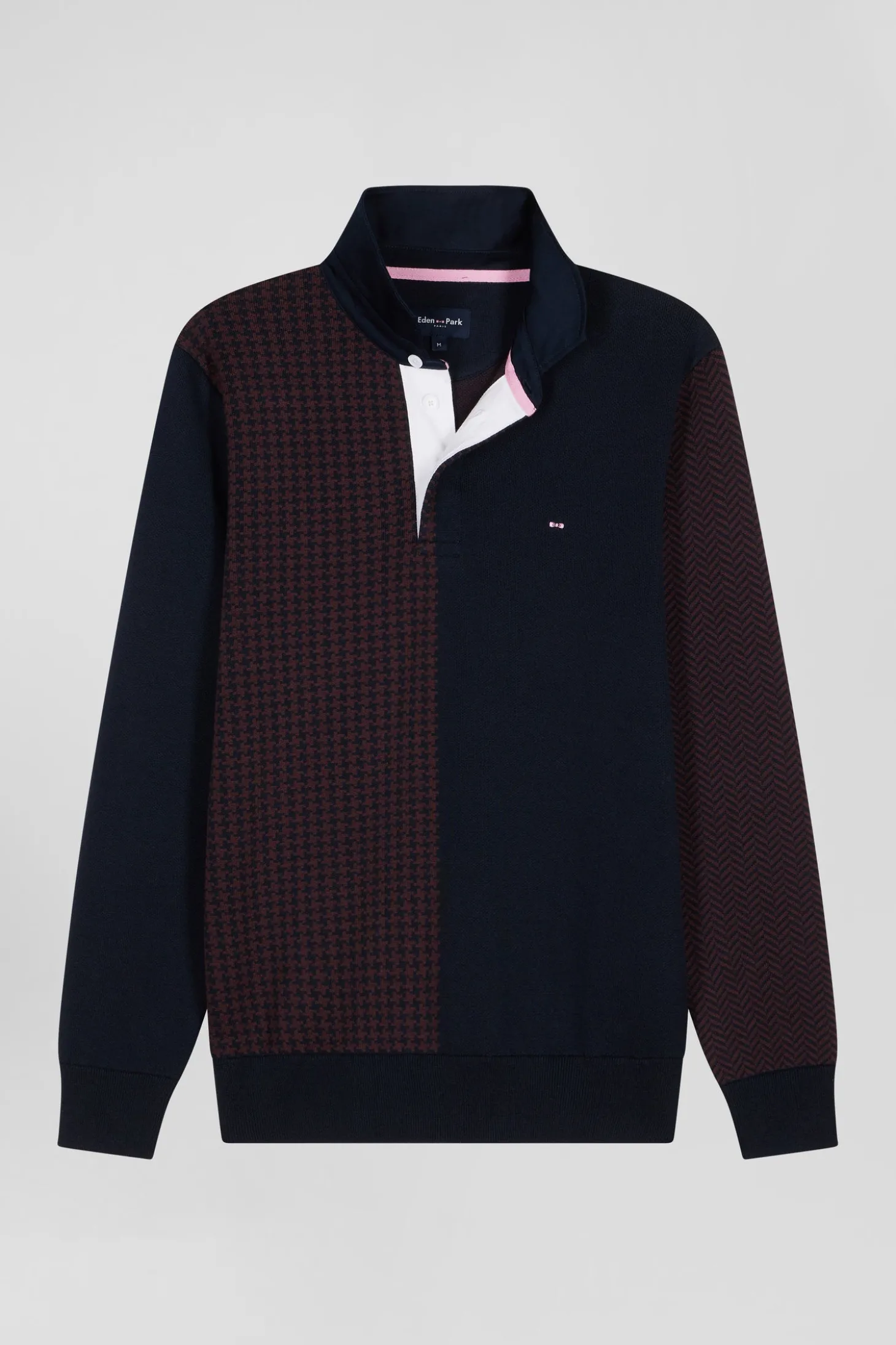 Pull col maillot en coton bordeaux coupe Regular jacquard pied-de-poule