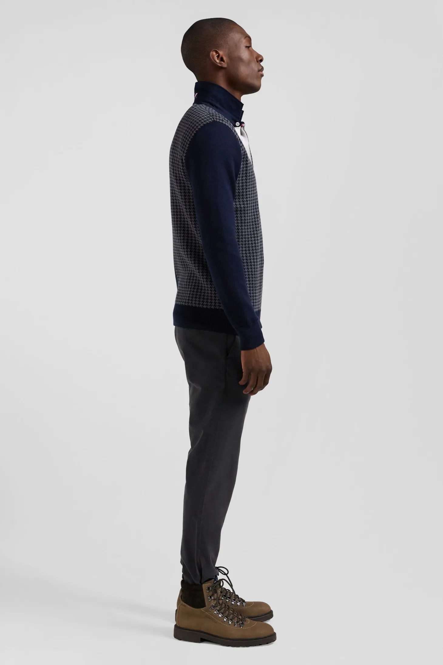 Pull col maillot en coton bleu marine coupe Regular jacquard pied-de-poule