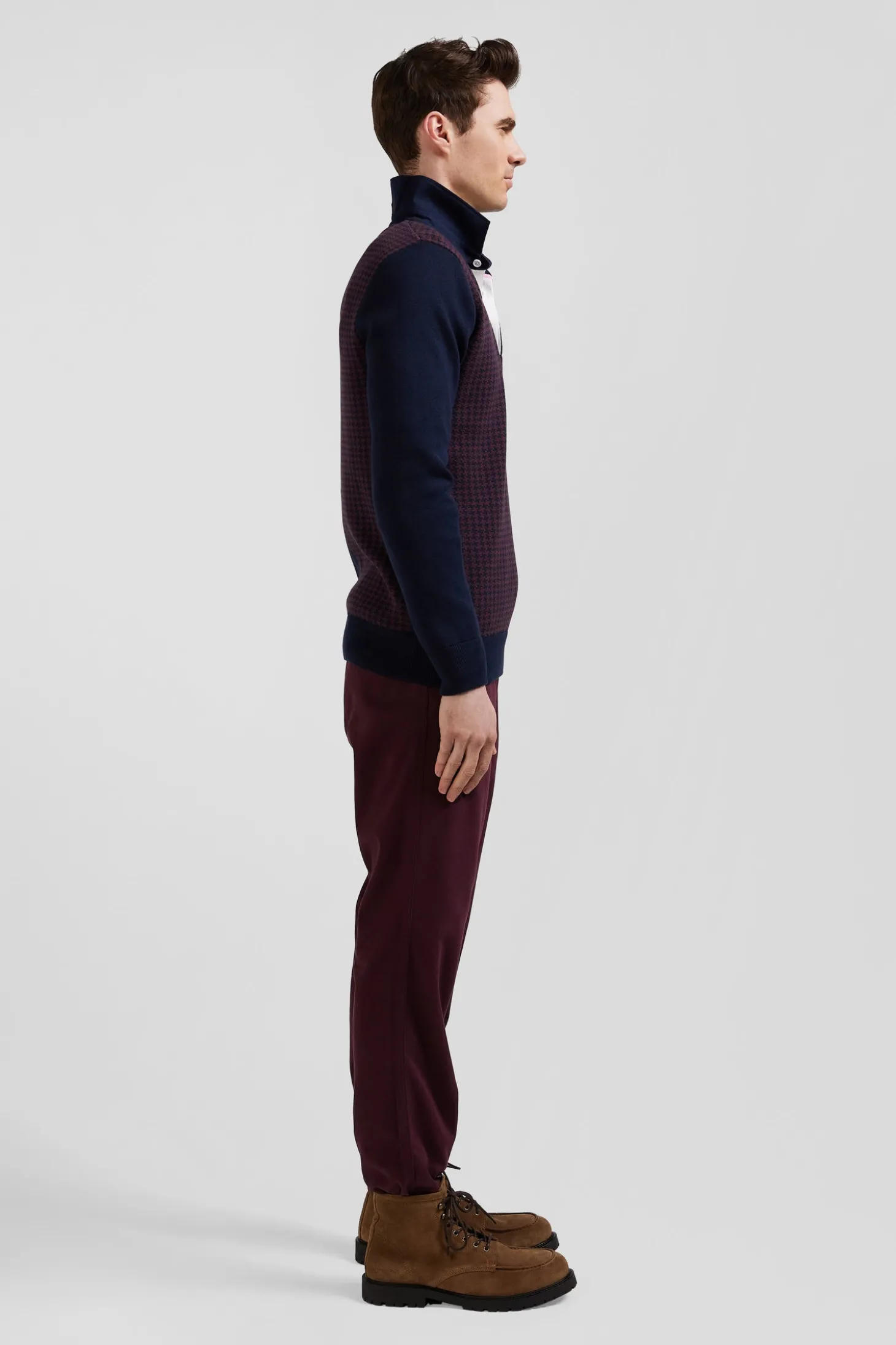 Pull col maillot en coton bordeaux coupe Regular jacquard pied-de-poule
