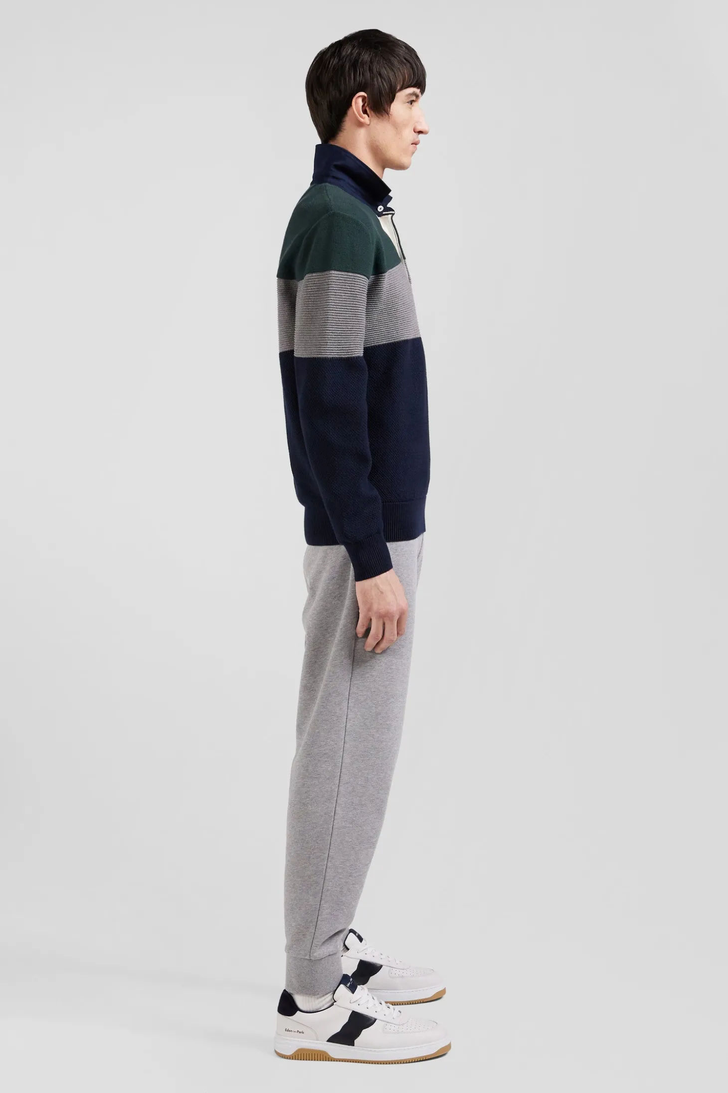 Pull col maillot en coton vert à jeux de maille coupe Regular