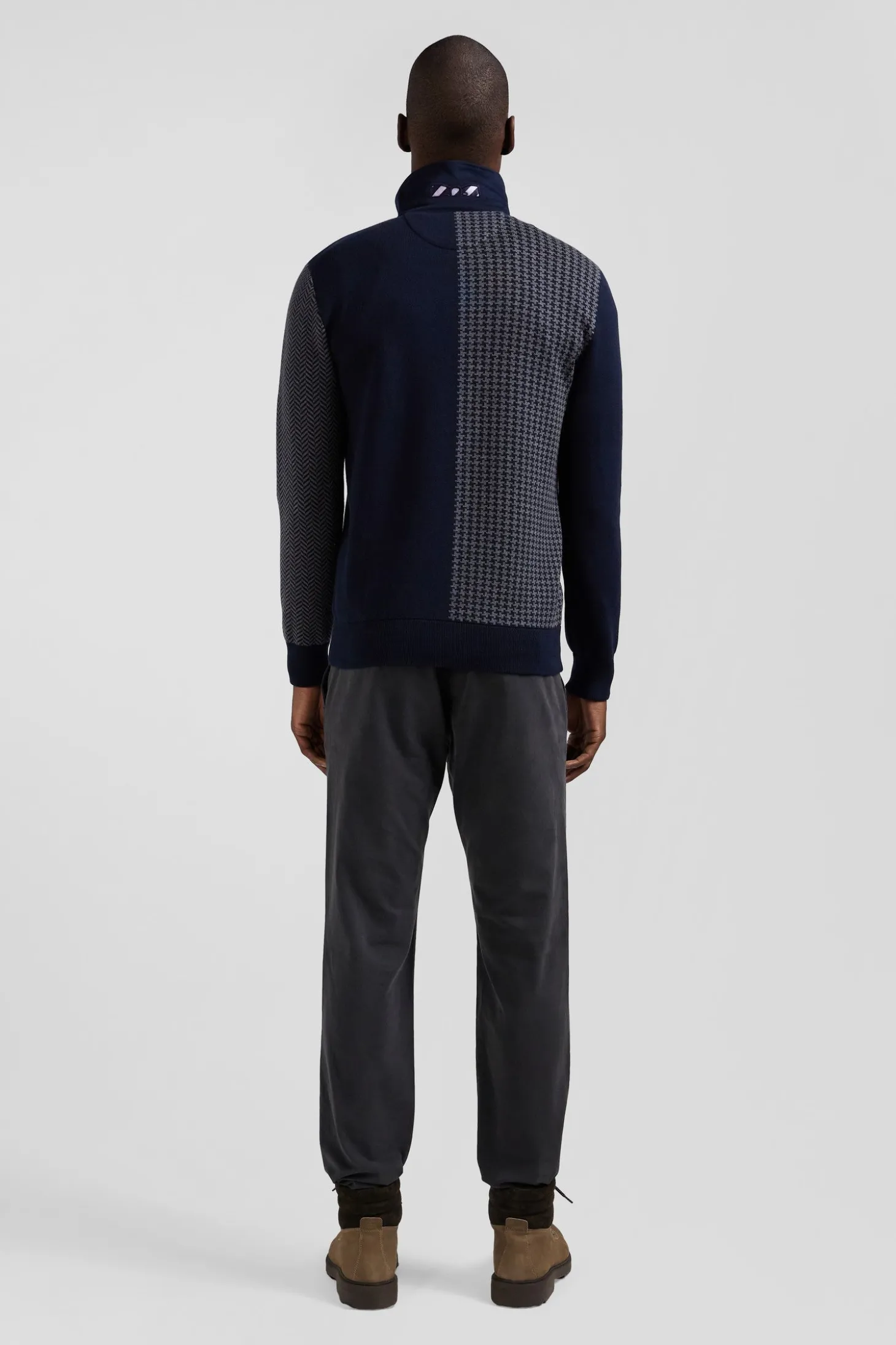 Pull col maillot en coton bleu marine coupe Regular jacquard pied-de-poule