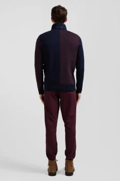 Pull col maillot en coton bordeaux coupe Regular jacquard pied-de-poule