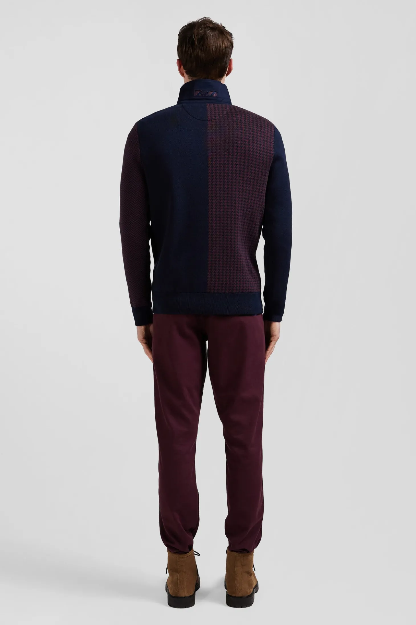 Pull col maillot en coton bordeaux coupe Regular jacquard pied-de-poule