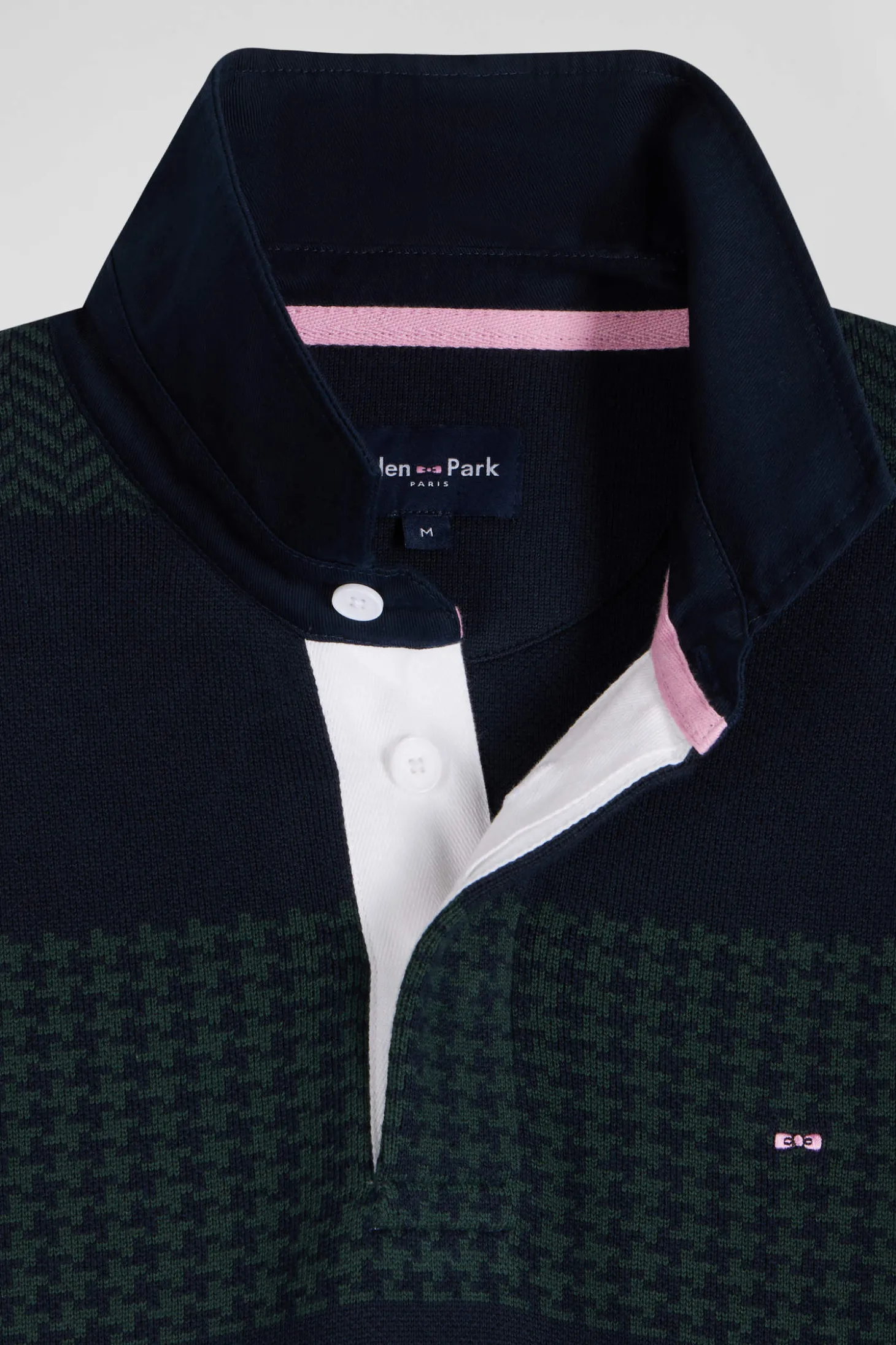 Pull col maillot en coton vert cerclé coupe Regular jacquard pied-de-poule