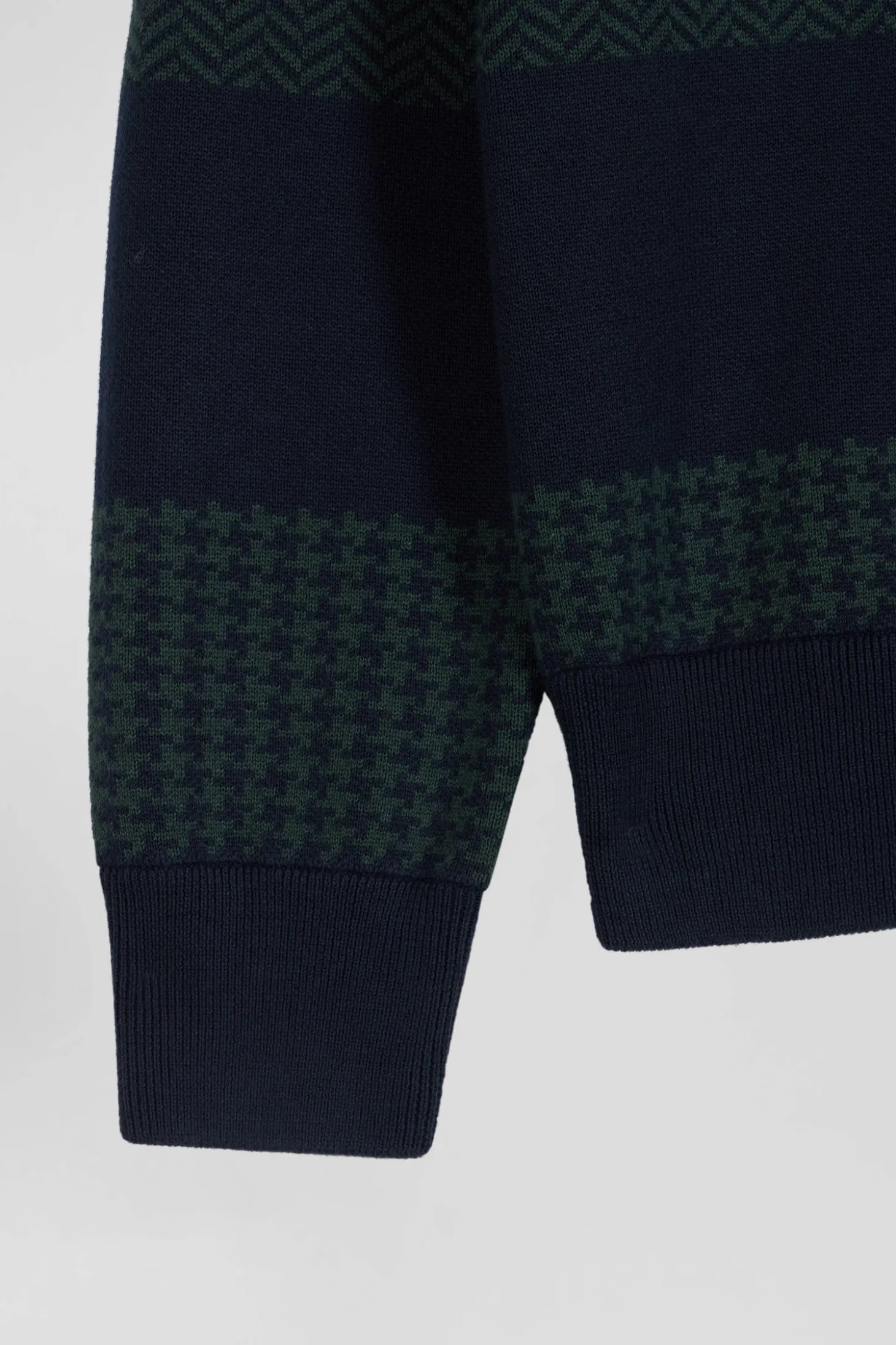 Pull col maillot en coton vert cerclé coupe Regular jacquard pied-de-poule