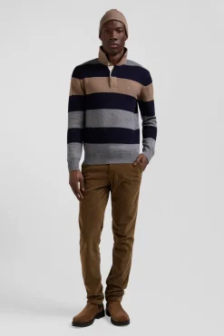 Pull col maillot rayé en laine et coton gris coupe Regular