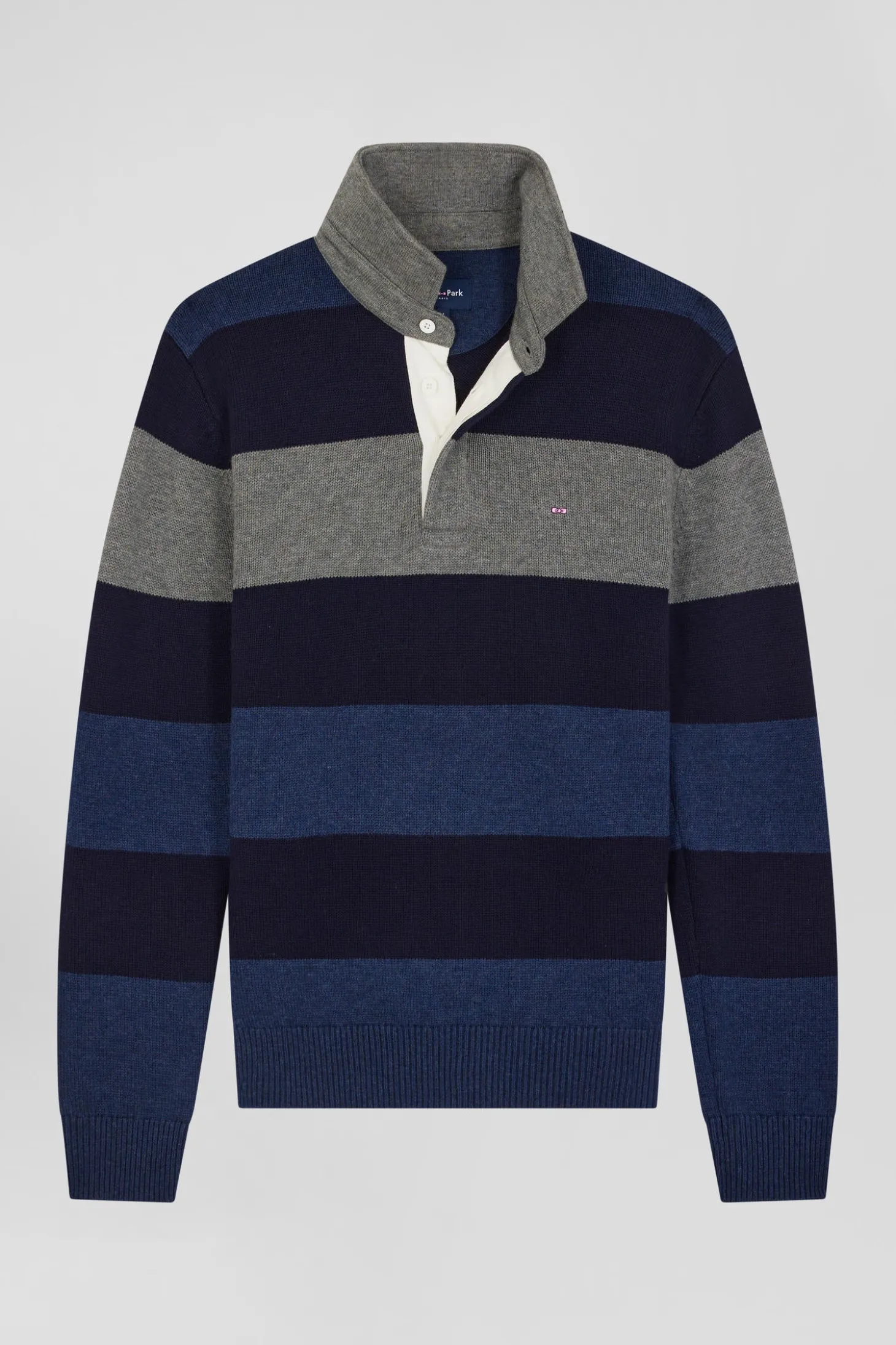 Pull col maillot rayé en laine et coton bleu marine coupe Regular