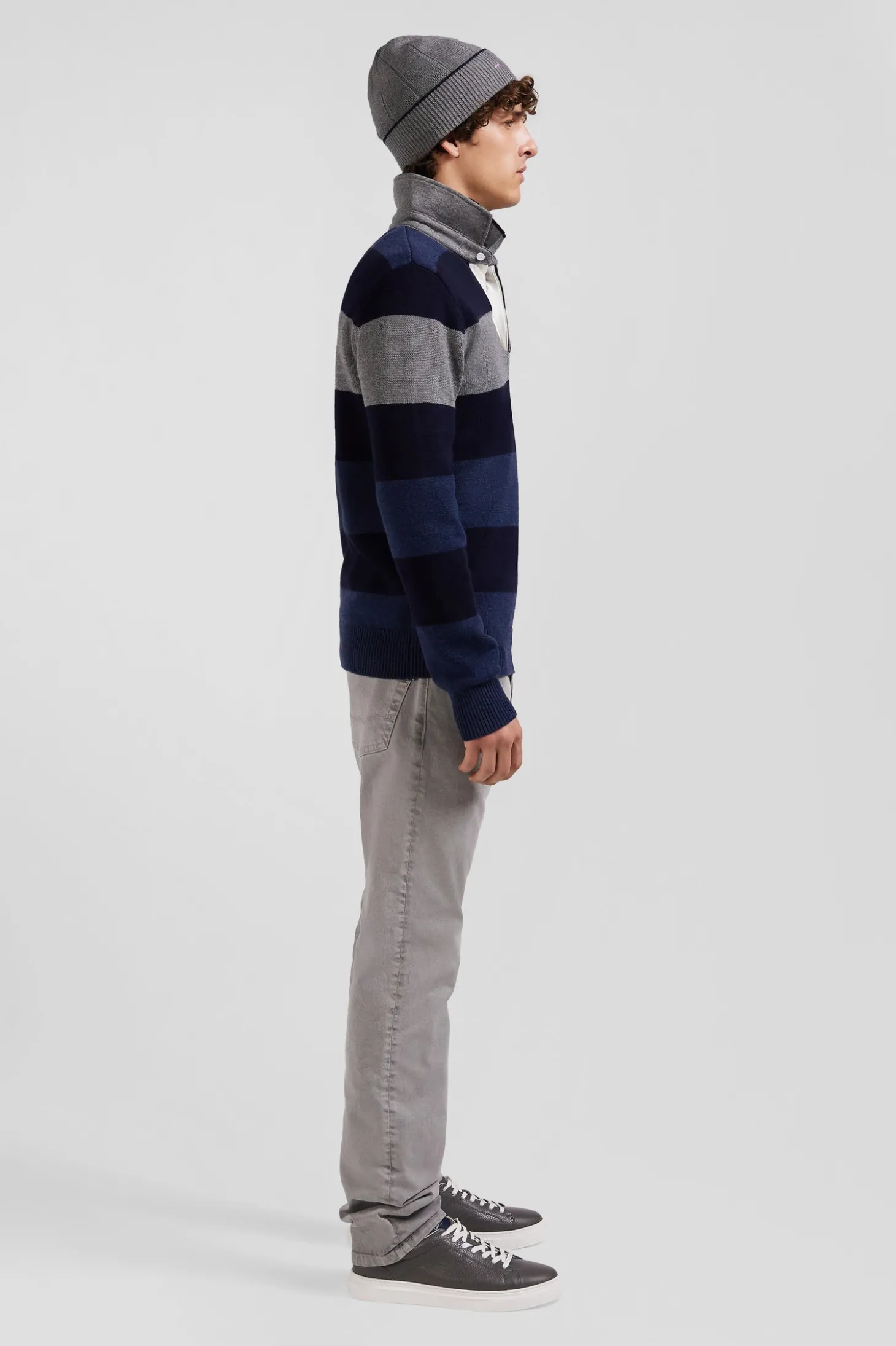 Pull col maillot rayé en laine et coton bleu marine coupe Regular