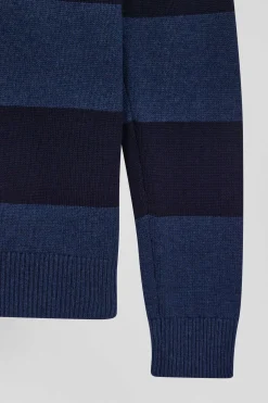 Pull col maillot rayé en laine et coton bleu marine coupe Regular