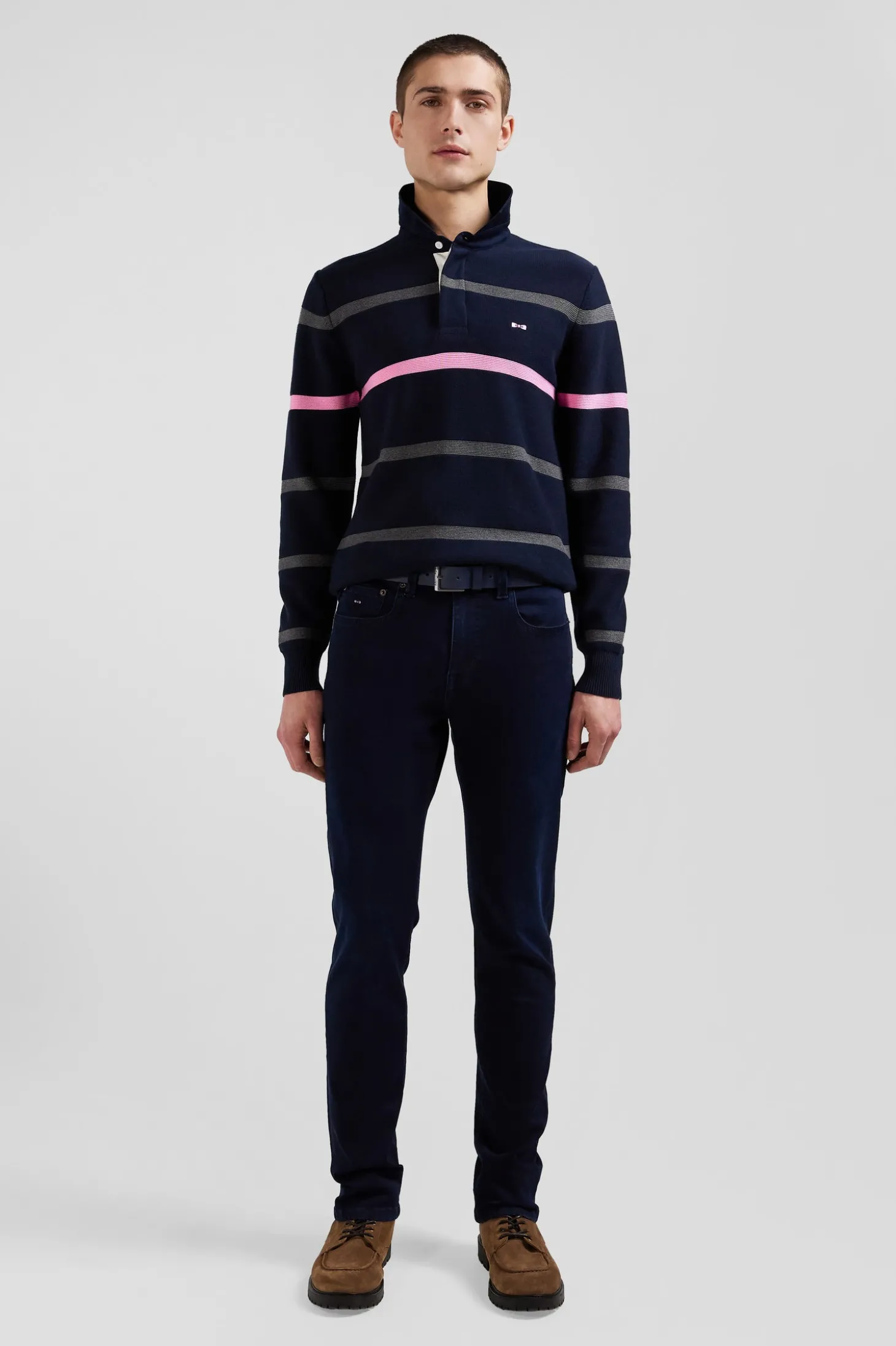 Pull col polo en coton bleu marine rayé coupe Regular
