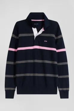 Pull col polo en coton bleu marine rayé coupe Regular
