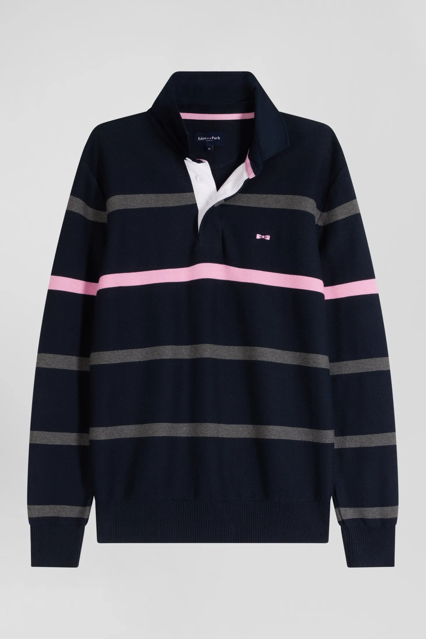 Pull col polo en coton bleu marine rayé coupe Regular