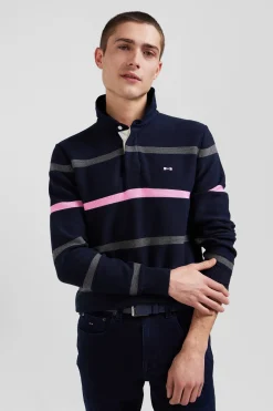 Pull col polo en coton bleu marine rayé coupe Regular