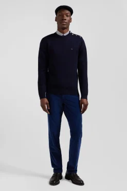 Pull col rond boutonnage épaule en laine marine coupe Regular