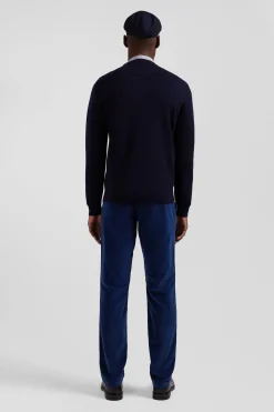 Pull col rond boutonnage épaule en laine marine coupe Regular