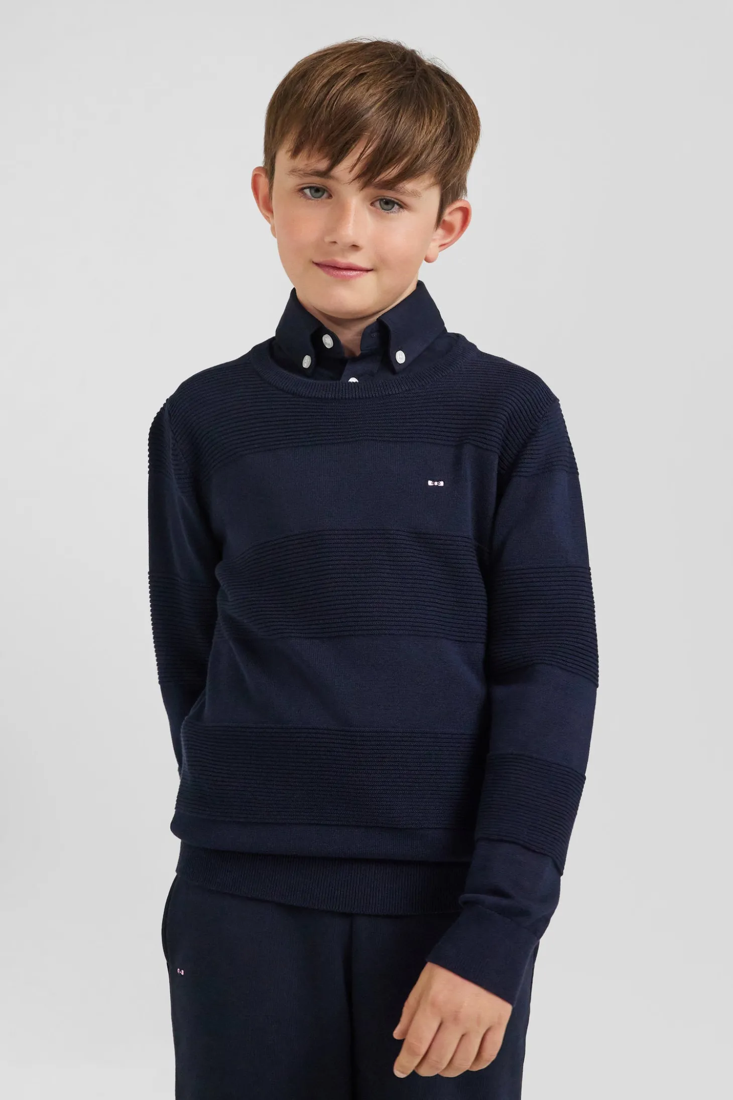 Pull col rond cerclé en coton bleu marine coupe Regular
