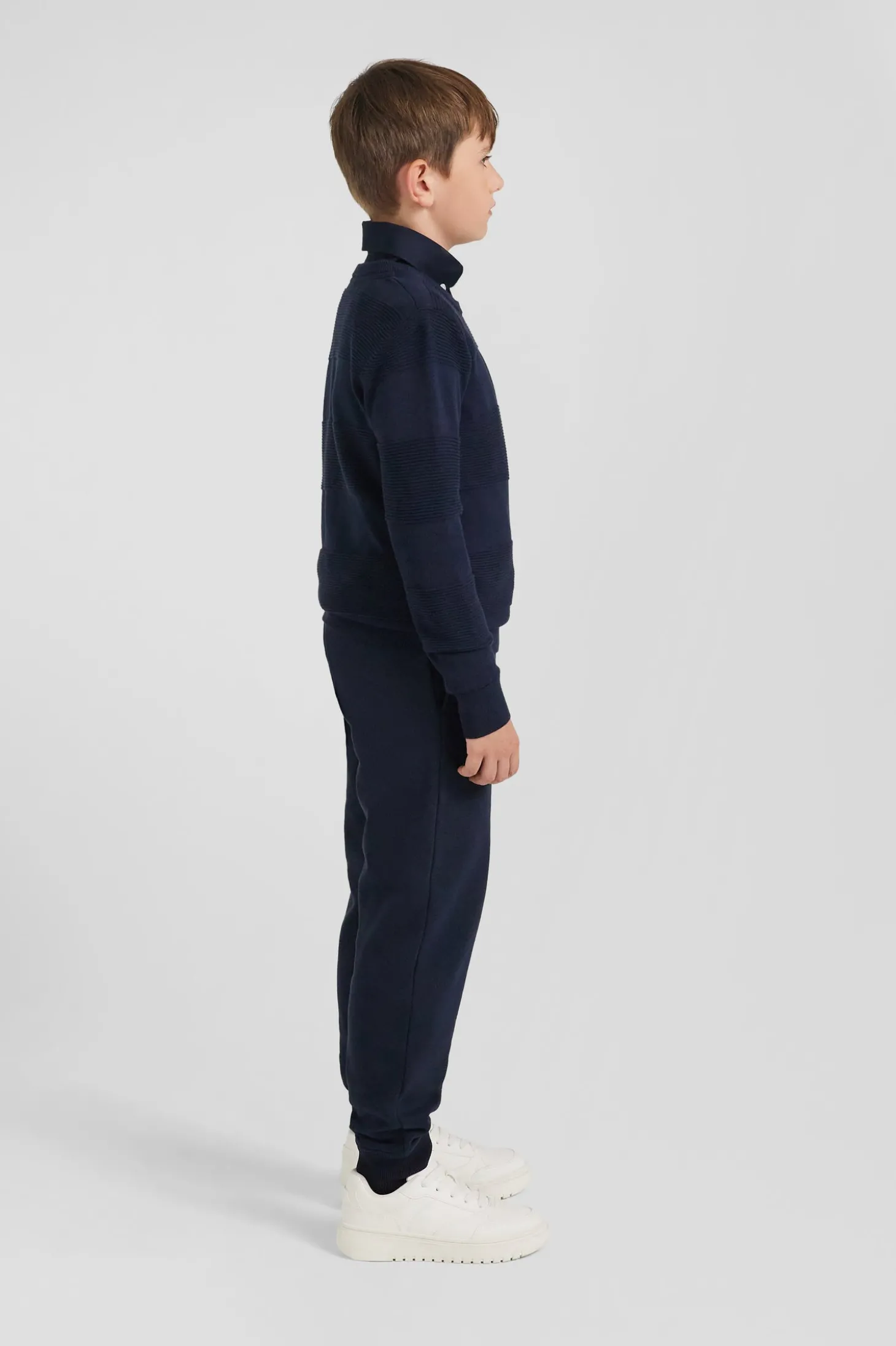 Pull col rond cerclé en coton bleu marine coupe Regular
