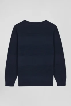 Pull col rond cerclé en coton bleu marine coupe Regular