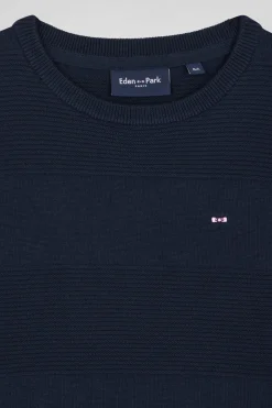 Pull col rond cerclé en coton bleu marine coupe Regular