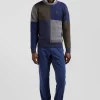 Pull col rond colorblock Barbarian en coton bleu chiné coupe Regular