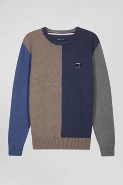 Pull col rond colorblock en coton bleu chiné et marron coupe Regular