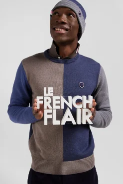 Pull col rond colorblock en coton bleu chiné et marron coupe Regular