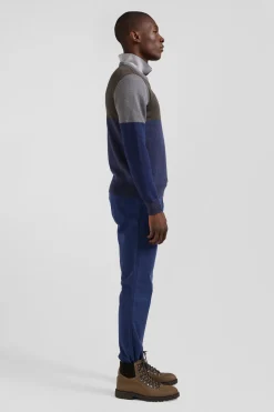 Pull col rond colorblock Barbarian en coton bleu chiné coupe Regular