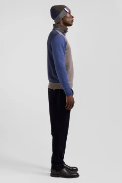 Pull col rond colorblock en coton bleu chiné et marron coupe Regular