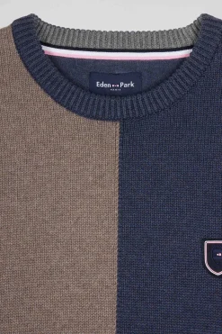 Pull col rond colorblock en coton bleu chiné et marron coupe Regular