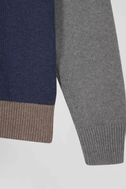 Pull col rond colorblock en coton bleu chiné et marron coupe Regular