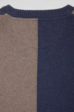 Pull col rond colorblock en coton bleu chiné et marron coupe Regular