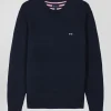 Pull col rond en coton bleu marine à jeux de maille coupe Regular